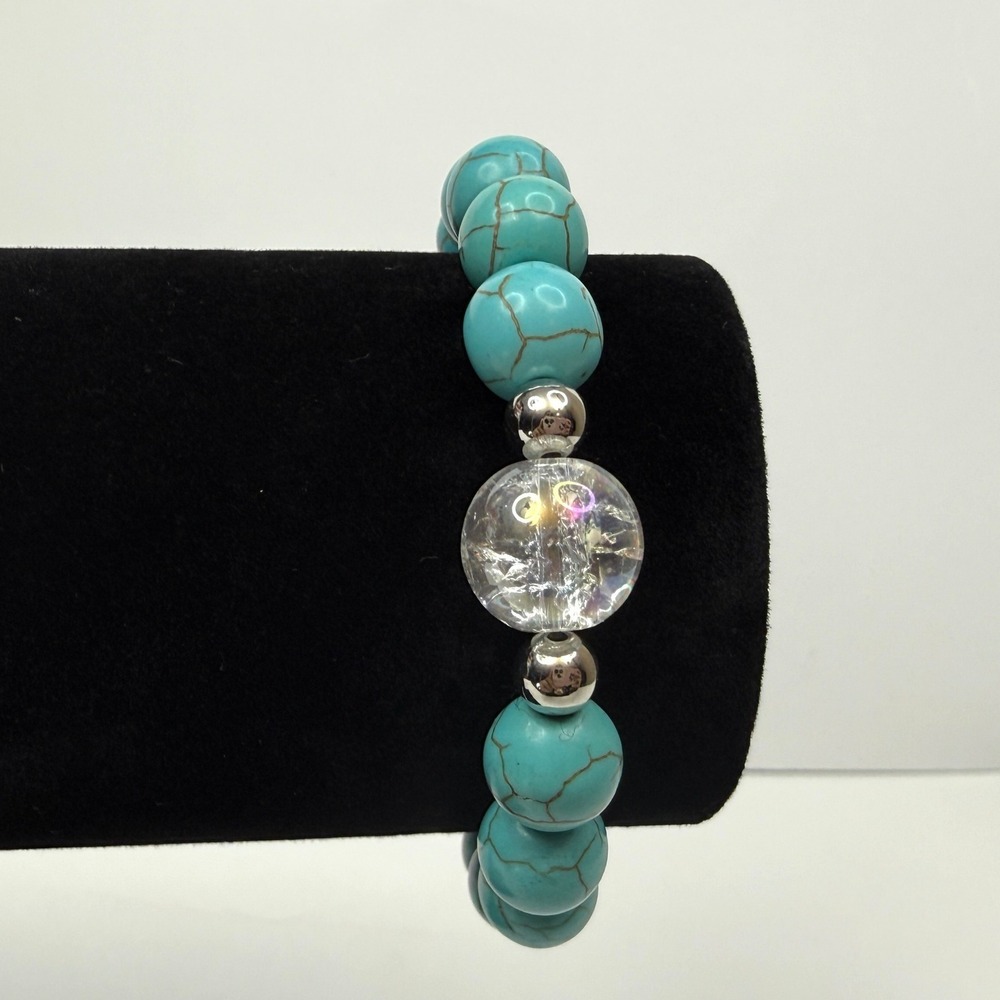 Turquoise Howlite Cold Stone Beaded Bracelet Silver Tone Accent Stretch Jewelry